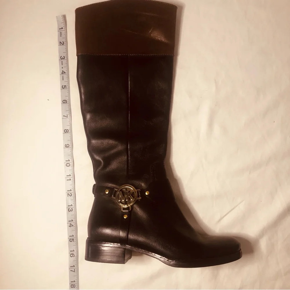 Women's Michael Kors Two Tone Buckle Leather Knee High Riding Boots Black 5.5 - Picture 3 of 8